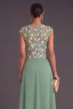 Floral Green A-Line Illusion Neck Cap Sleeves Long Formal Dress