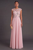 Floral Green A-Line Illusion Neck Cap Sleeves Long Formal Dress