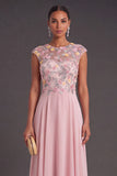 Floral Green A-Line Illusion Neck Cap Sleeves Long Formal Dress