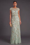 Green Sparkly Beaded Mermaid Boat Neck Long Formal Dress