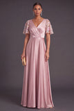 Grey Pink Floral Ruched V-Neck Long Formal Dress with Sleeves