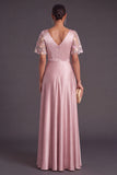 Grey Pink Floral Ruched V-Neck Long Formal Dress with Sleeves