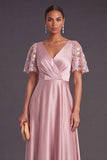 Grey Pink Floral Ruched V-Neck Long Formal Dress with Sleeves