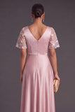 Grey Pink Floral Ruched V-Neck Long Formal Dress with Sleeves