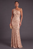 Sparkly Sequins Floral Champagne One Shoulder Mermaid Long Formal Dress