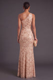 Sparkly Sequins Floral Champagne One Shoulder Mermaid Long Formal Dress