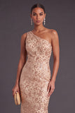 Sparkly Sequins Floral Champagne One Shoulder Mermaid Long Formal Dress