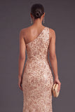Sparkly Sequins Floral Champagne One Shoulder Mermaid Long Formal Dress