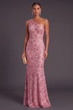 Sparkly Sequins Floral Champagne One Shoulder Mermaid Long Formal Dress