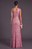 Sparkly Sequins Floral Champagne One Shoulder Mermaid Long Formal Dress