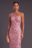 Sparkly Sequins Floral Champagne One Shoulder Mermaid Long Formal Dress