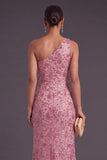 Sparkly Sequins Floral Champagne One Shoulder Mermaid Long Formal Dress