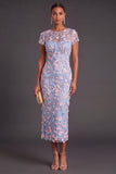 Blue Floral Illusion Neck Mermaid Midi Formal Dress with Appliques
