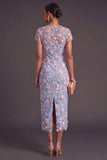 Blue Floral Illusion Neck Mermaid Midi Formal Dress with Appliques