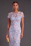 Blue Floral Illusion Neck Mermaid Midi Formal Dress with Appliques