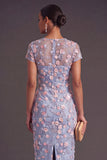 Blue Floral Illusion Neck Mermaid Midi Formal Dress with Appliques