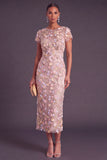 Blue Floral Illusion Neck Mermaid Midi Formal Dress with Appliques