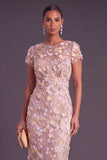Blue Floral Illusion Neck Mermaid Midi Formal Dress with Appliques