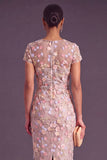Blue Floral Illusion Neck Mermaid Midi Formal Dress with Appliques