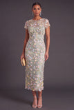 Blue Floral Illusion Neck Mermaid Midi Formal Dress with Appliques