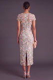 Blue Floral Illusion Neck Mermaid Midi Formal Dress with Appliques