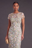 Blue Floral Illusion Neck Mermaid Midi Formal Dress with Appliques