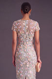 Blue Floral Illusion Neck Mermaid Midi Formal Dress with Appliques