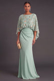 Green Floral Boat Neck Ruched Mermaid Backless Long Formal Dress