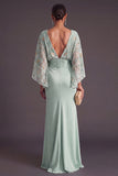 Green Floral Boat Neck Ruched Mermaid Backless Long Formal Dress