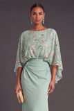 Green Floral Boat Neck Ruched Mermaid Backless Long Formal Dress