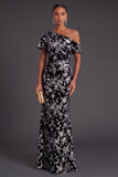 Blue Floral Velvet Ruched Long One Shoulder Mermaid Formal Dress