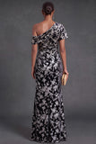 Blue Floral Velvet Ruched Long One Shoulder Mermaid Formal Dress