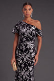 Blue Floral Velvet Ruched Long One Shoulder Mermaid Formal Dress