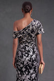 Blue Floral Velvet Ruched Long One Shoulder Mermaid Formal Dress