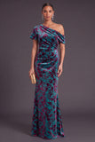 Blue Floral Velvet Ruched Long One Shoulder Mermaid Formal Dress