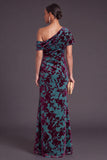 Blue Floral Velvet Ruched Long One Shoulder Mermaid Formal Dress