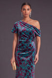 Blue Floral Velvet Ruched Long One Shoulder Mermaid Formal Dress