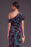 Blue Floral Velvet Ruched Long One Shoulder Mermaid Formal Dress