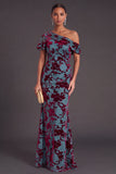 Blue Floral Velvet Ruched Long One Shoulder Mermaid Formal Dress