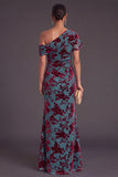 Blue Floral Velvet Ruched Long One Shoulder Mermaid Formal Dress
