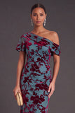 Blue Floral Velvet Ruched Long One Shoulder Mermaid Formal Dress