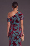 Blue Floral Velvet Ruched Long One Shoulder Mermaid Formal Dress
