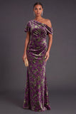 Blue Floral Velvet Ruched Long One Shoulder Mermaid Formal Dress