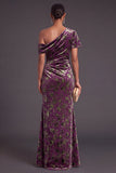 Blue Floral Velvet Ruched Long One Shoulder Mermaid Formal Dress