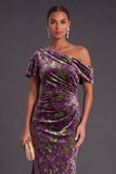 Blue Floral Velvet Ruched Long One Shoulder Mermaid Formal Dress