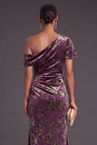 Blue Floral Velvet Ruched Long One Shoulder Mermaid Formal Dress