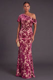 Blue Floral Velvet Ruched Long One Shoulder Mermaid Formal Dress