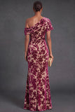 Blue Floral Velvet Ruched Long One Shoulder Mermaid Formal Dress