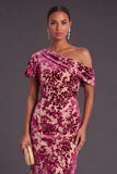 Blue Floral Velvet Ruched Long One Shoulder Mermaid Formal Dress