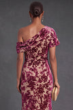 Blue Floral Velvet Ruched Long One Shoulder Mermaid Formal Dress